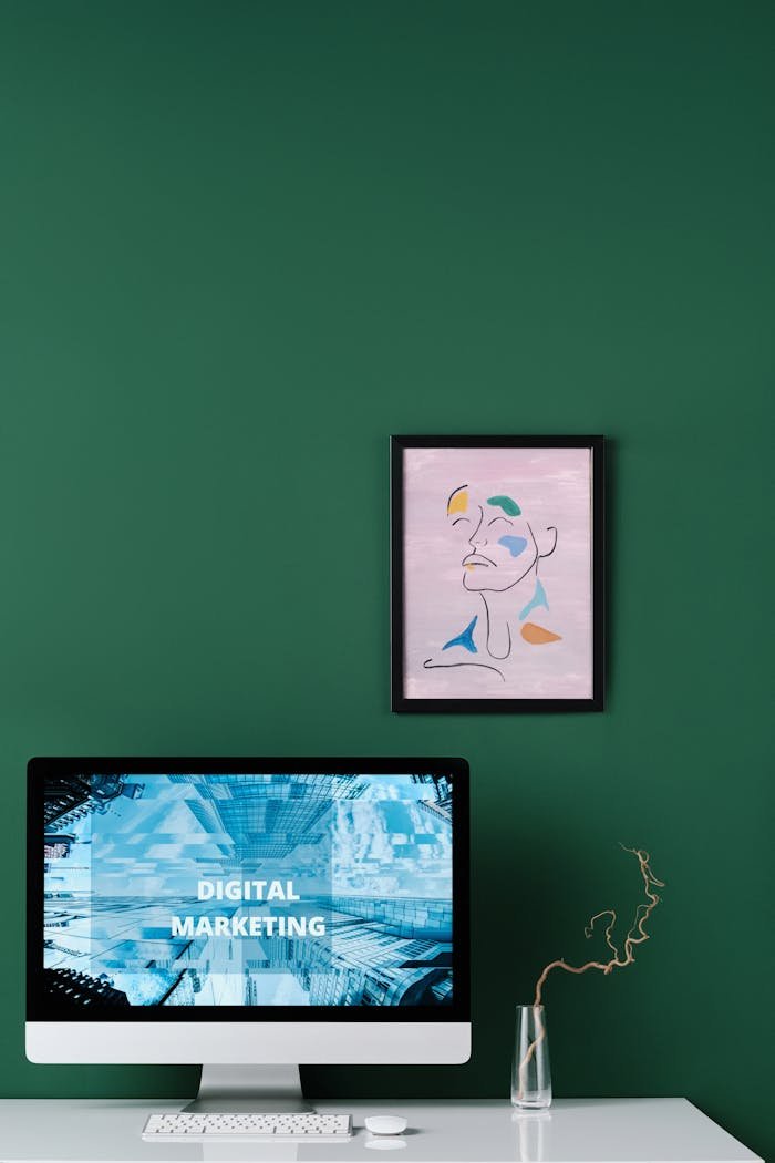 About Contemporary workspace with digital marketing display, abstract art, and stylish decor.